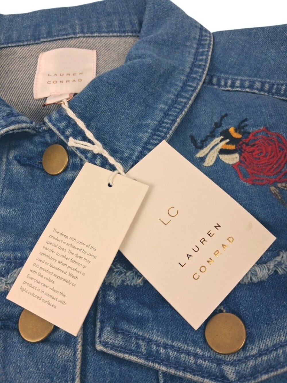 NWT Lauren Conrad Womens Size S Denim Jacket w/ Fraying & Embroidered Roses Bees - Picture 5 of 16